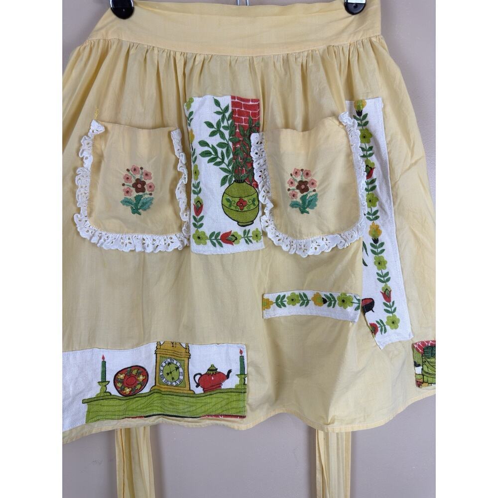 Vintage Yellow Half Apron with Flower Embroidered Pocket & Patchwork, Granny - Picture 2 of 12